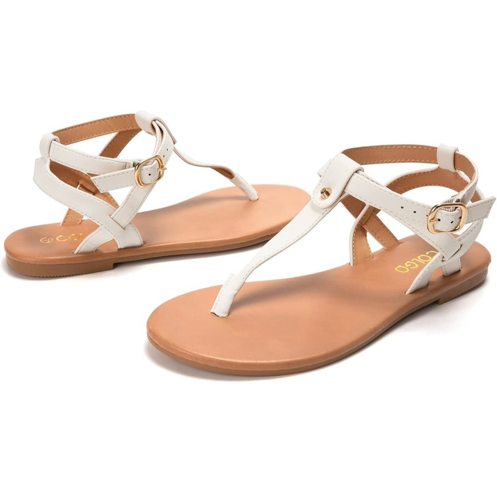 COLGO White Thong Flat Sandals T Strap 7.5
